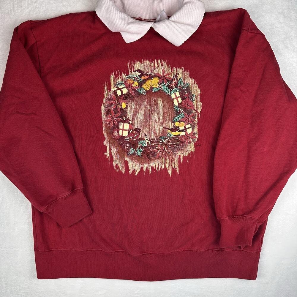 VINTAGE 90s CHIC GRANDMACORE CHRISTMAS SWEATSHIRT WITH PETERPAN COLLAR SZ EST M